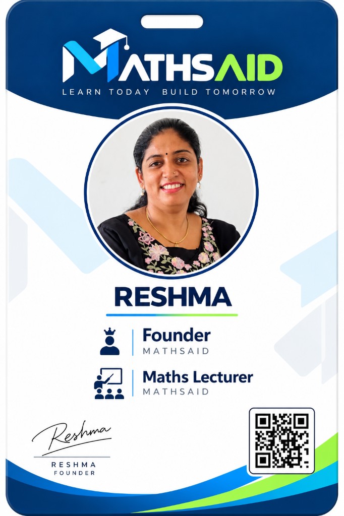 MathsAid identity card for Reshma, founder and maths lecturer
